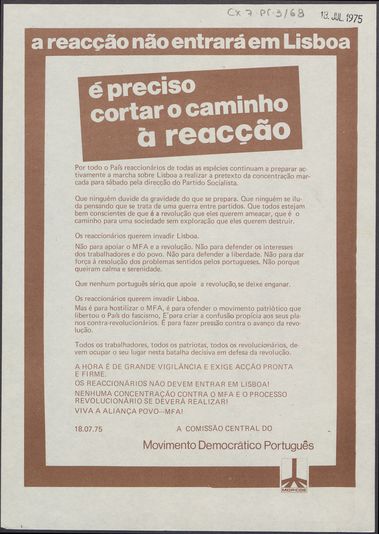 Folheto do MDP/CDE: "A reação não entrará em Lisboa, é preciso cortar o caminho à reação"