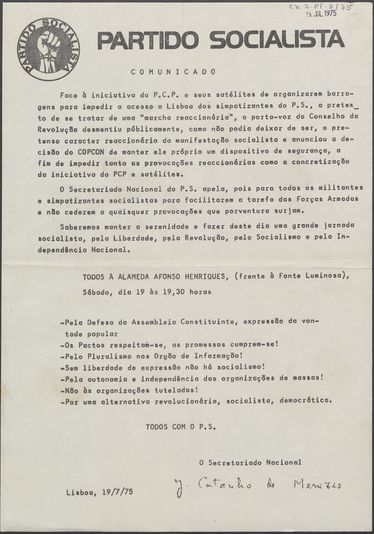Comunicado do Secretariado Nacional do PS sobre a inciativa do PCP de impedir o acesso a Lisboa dos simpatizantes do PS e apelo à participação na manifestação de 19 de julho