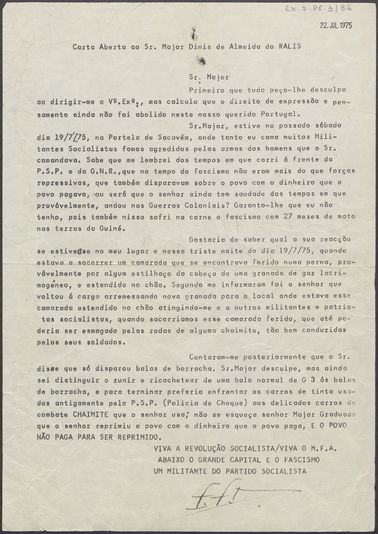 Carta aberta ao Sr. Major Dinis de Almeida do RALIS" redigida por um militante do Partido Socialista depois dos incidentes na Portela de Sacavém no dia 19 de julho