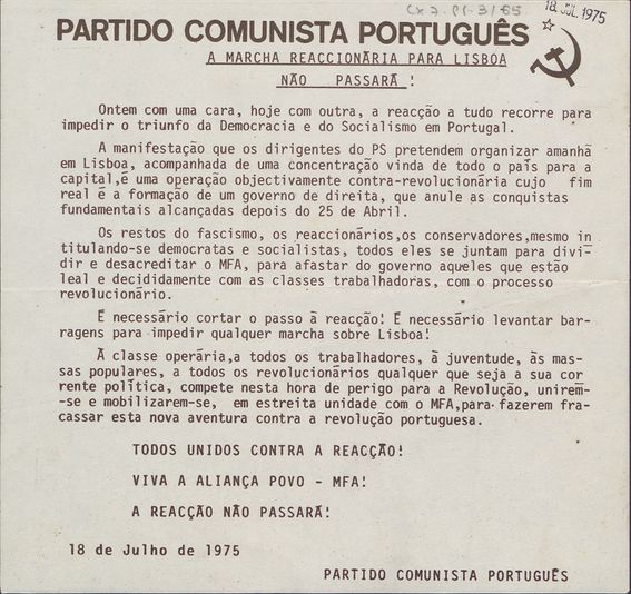 Folheto do PCP: "A marcha reacionária para Lisboa não passará"
