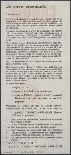 Folheto do PS divulgando comício-manifestação convocada para dia 19 na Alameda Afonso Henriques
