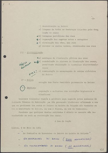 Carta da Comissão de Moradores da Quinta da Calçada, Lisboa, 1974-09-05